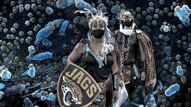 Photo illustration of Jaguars fans in masks